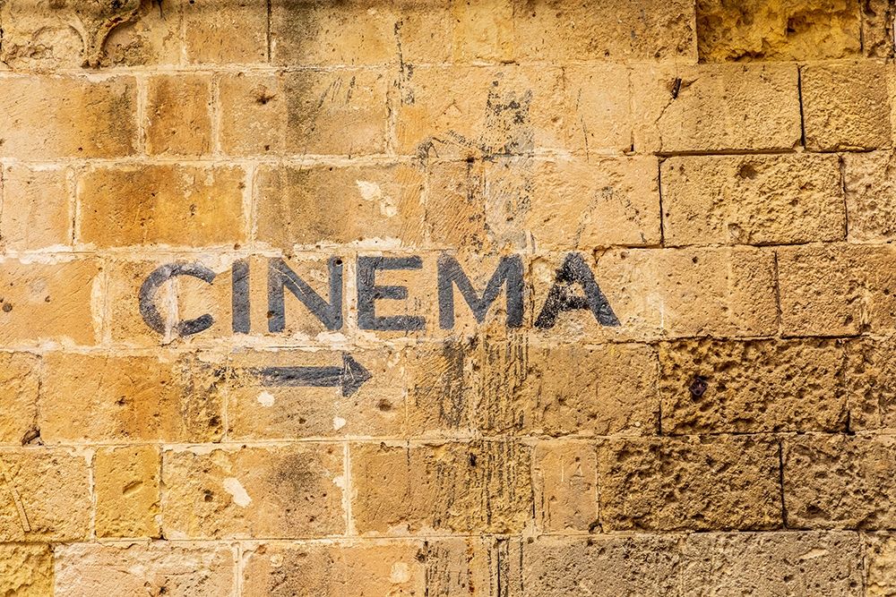 Wall Art Painting id:402962, Name: Italy-Basilicata-Province of Matera-Matera Sign on a wall pointing to a cinema-movie theater, Artist: Wilson, Emily