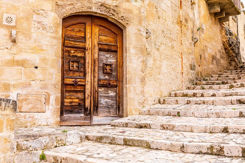 Wall Art Painting id:402963, Name: Italy-Basilicata-Province of Matera-Matera Old wooden door in a stone wall above stone steps, Artist: Wilson, Emily