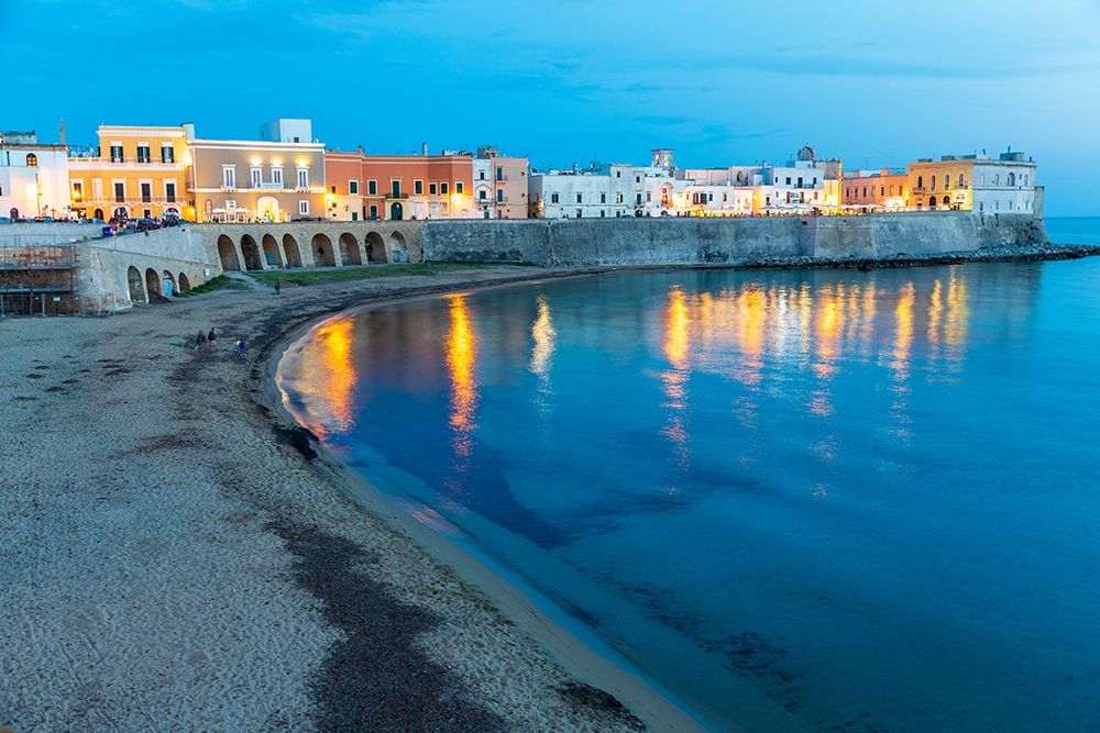 Wall Art Painting id:402993, Name: Italy-Apulia-Province of Lecce-Gallipoli Beach and old town section over the Ionian Sea at dusk, Artist: Wilson, Emily