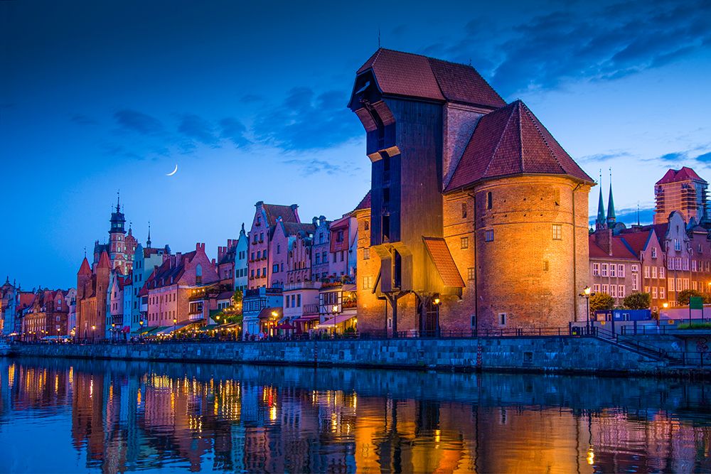 Wall Art Painting id:651321, Name: Europe-Poland-Gdansk Moon composite and city buildings reflecting in river at sunset, Artist: Jaynes Gallery