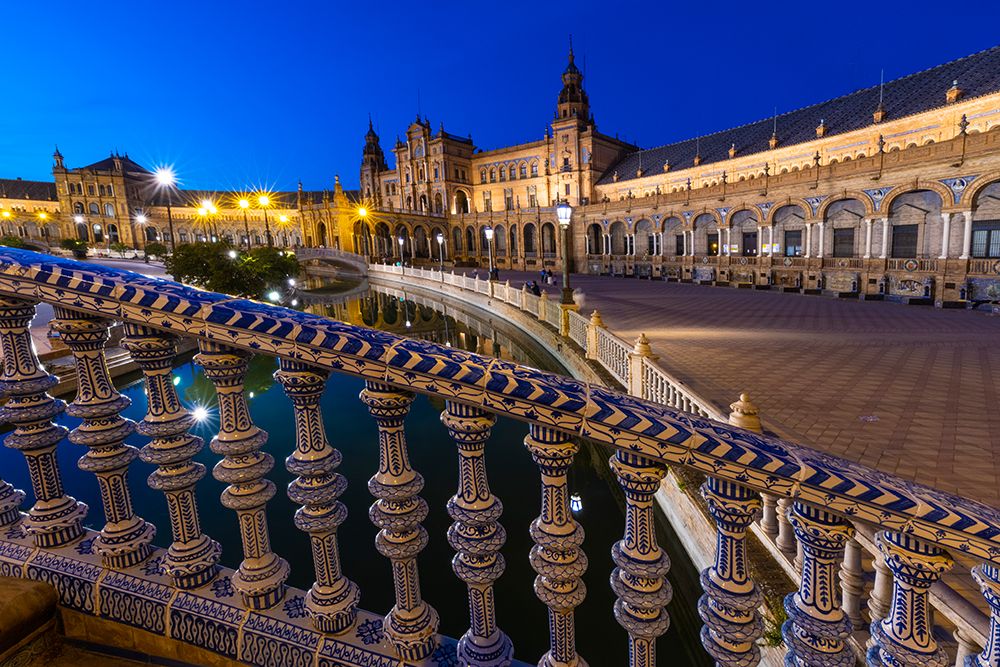 Wall Art Painting id:604202, Name: Spain-Seville. Plaza de Espana lit at sunset., Artist: Jaynes Gallery