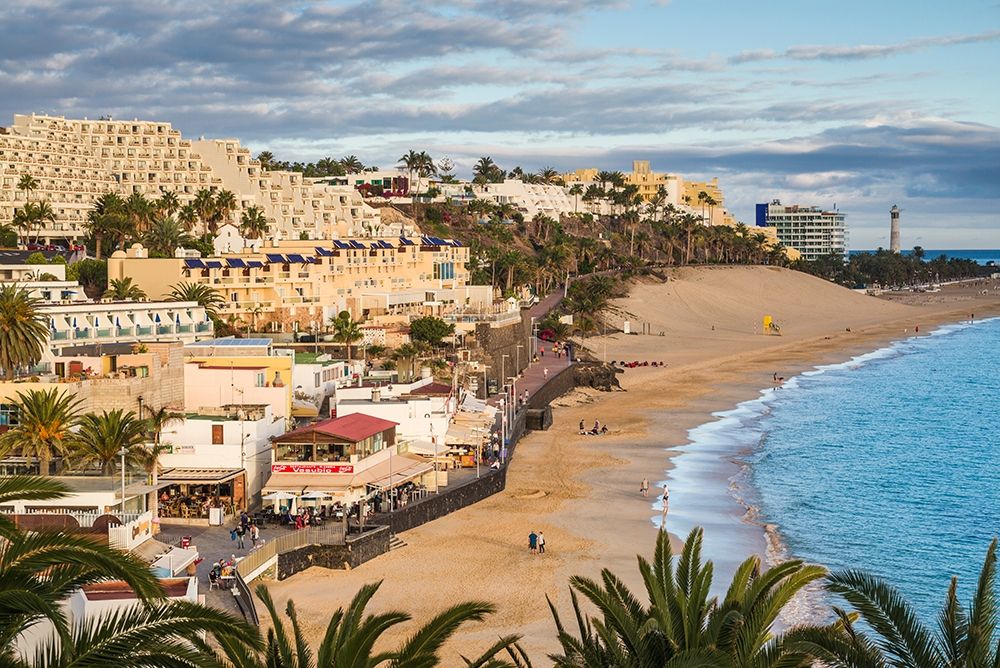 Wall Art Painting id:403250, Name: Canary Islands-Fuerteventura Island-Morro Jable-high angle view of Playa de la Cebada beach-sunset, Artist: Bibikow, Walter