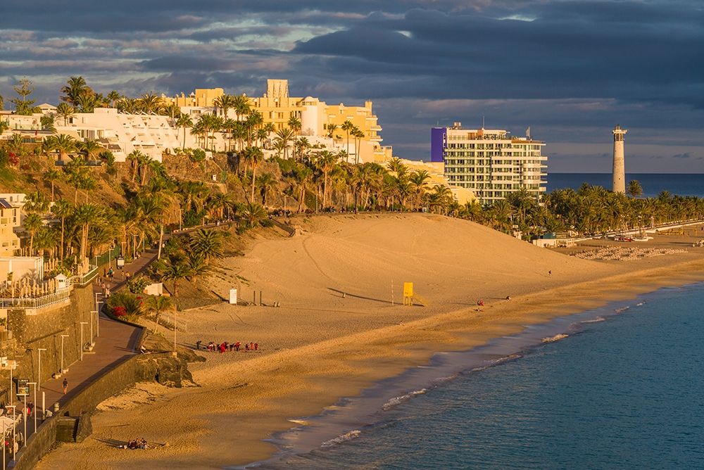 Wall Art Painting id:403251, Name: Canary Islands-Fuerteventura Island-Morro Jable-high angle view of Playa de la Cebada beach-sunset, Artist: Bibikow, Walter