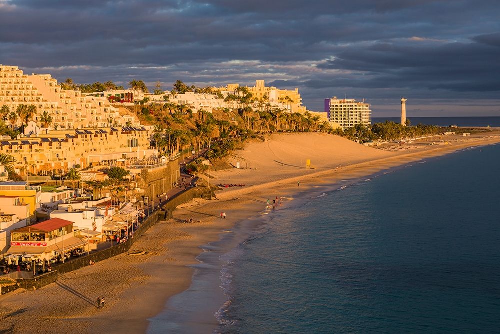 Wall Art Painting id:403253, Name: Canary Islands-Fuerteventura Island-Morro Jable-high angle view of Playa de la Cebada beach-sunset, Artist: Bibikow, Walter