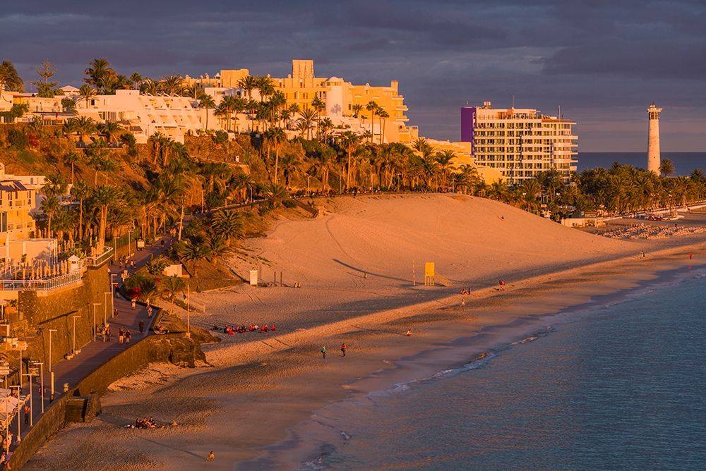 Wall Art Painting id:403254, Name: Canary Islands-Fuerteventura Island-Morro Jable-high angle view of Playa de la Cebada beach-sunset, Artist: Bibikow, Walter