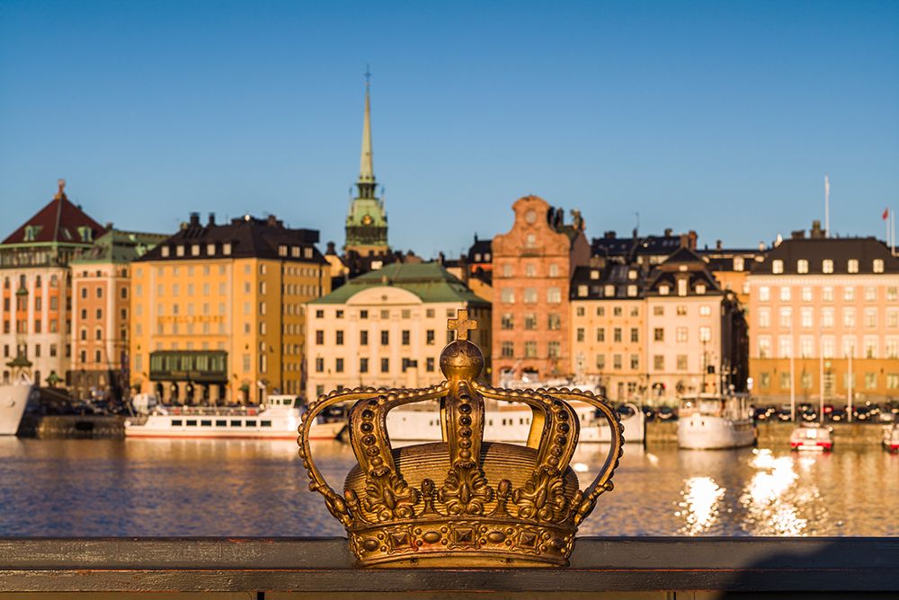 Wall Art Painting id:518220, Name: Sweden-Stockholm-Gamla Stan-Old Town-old town skyline and crown on the Skeppsholmsbron bridge, Artist: Bibikow, Walter