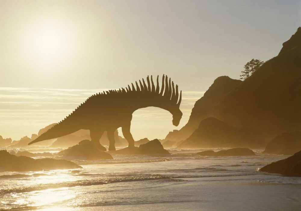 Wall Art Painting id:136743, Name: Concept of Amargasaurus dinosaur on ocean shore, Artist: Zuckerman, Jim