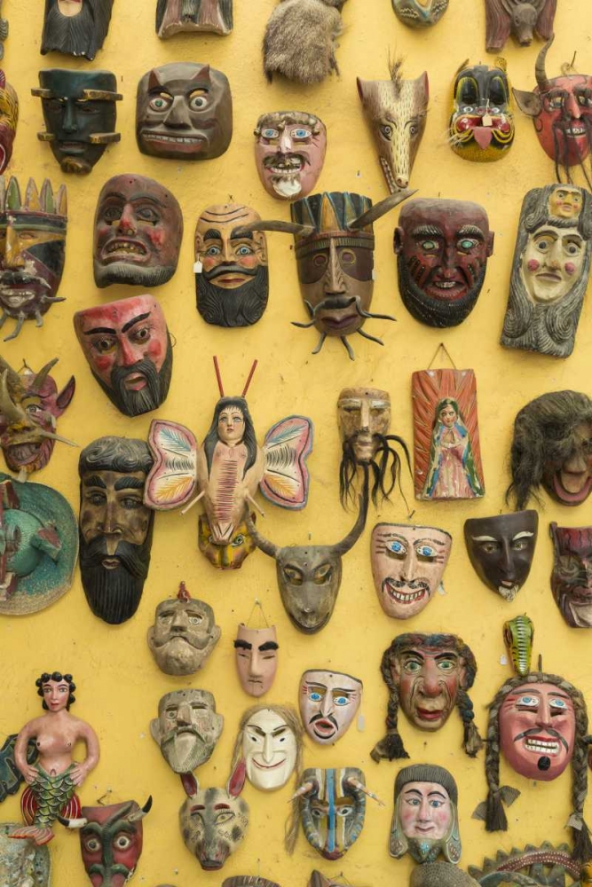 Wall Art Painting id:131782, Name: Mexico Masks displayed on shop wall, Artist: Paulson, Don