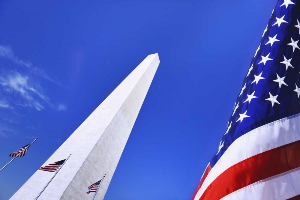 Wall Art Painting id:128011, Name: Washington DC, Washington Monument and US flag, Artist: Flaherty, Dennis