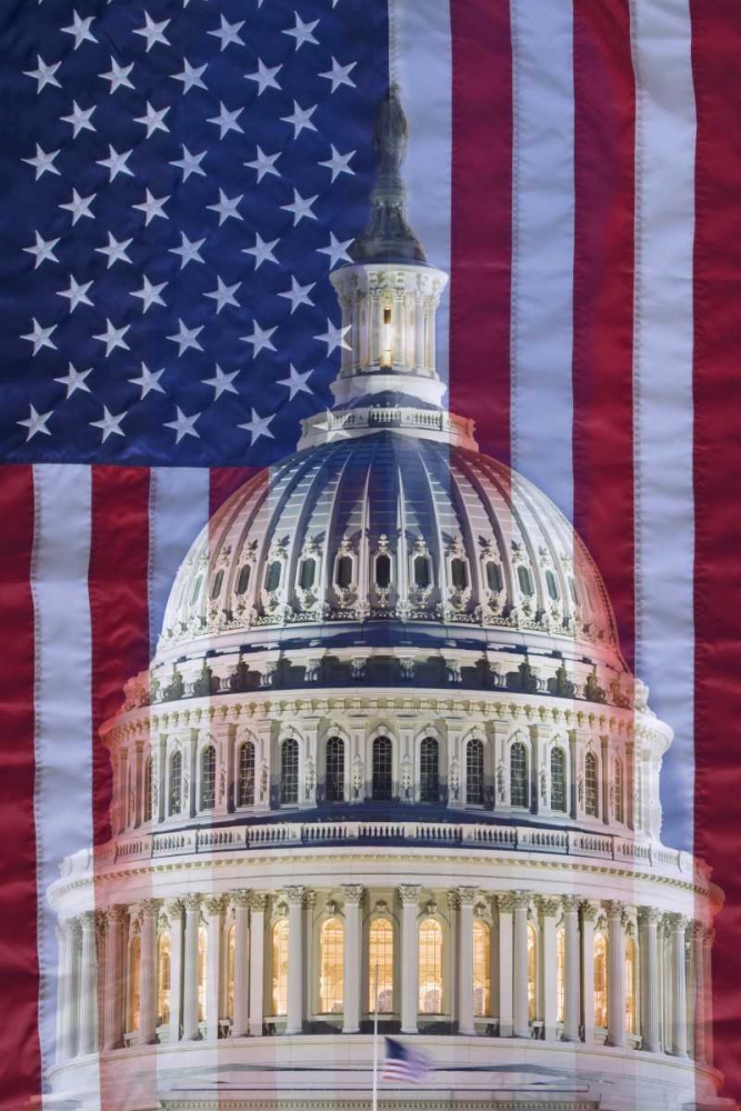 Wall Art Painting id:127843, Name: Washington, DC US flag and US Capitol building, Artist: Flaherty, Dennis