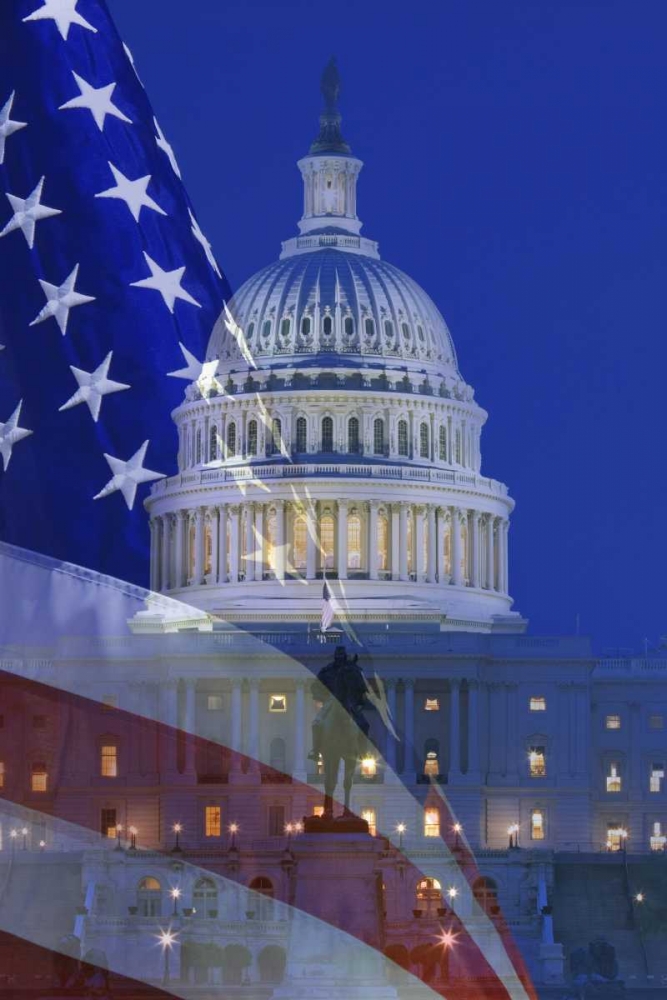 Wall Art Painting id:127844, Name: Washington, DC US flag and US Capitol building, Artist: Flaherty, Dennis