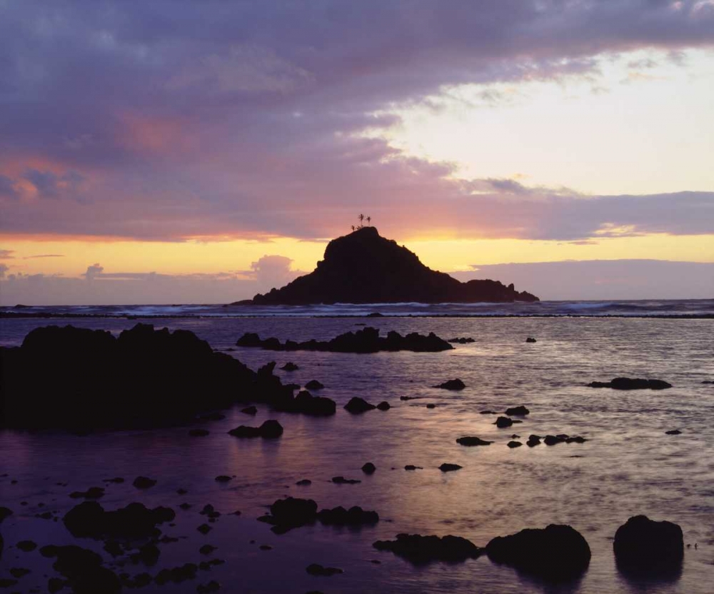 Wall Art Painting id:135320, Name: Hawaii, Maui Sunrise over Three Palm Tree Island, Artist: Talbot Frank, Christopher