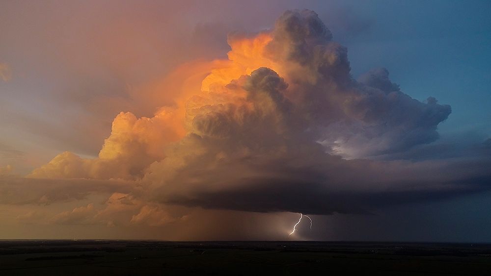 Wall Art Painting id:405510, Name: Aerial view of thunderstorm clouds and lightning at sunset-Marion County-Illinois, Artist: Day, Richard and Susan