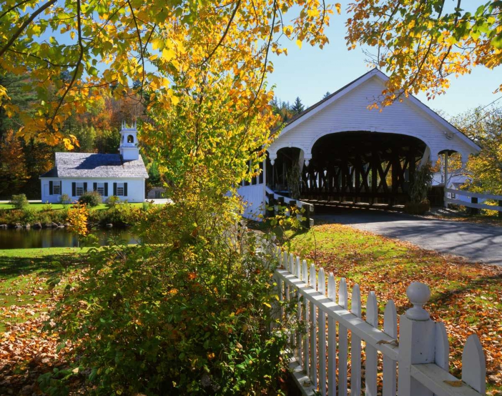 Wall Art Painting id:135673, Name: NH, Stark Stark Bridge and Church by the river, Artist: Terrill, Steve