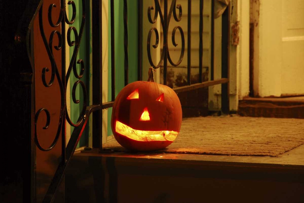 Wall Art Painting id:135593, Name: OR, Portland Lighted jack-o-lantern on porch, Artist: Terrill, Steve