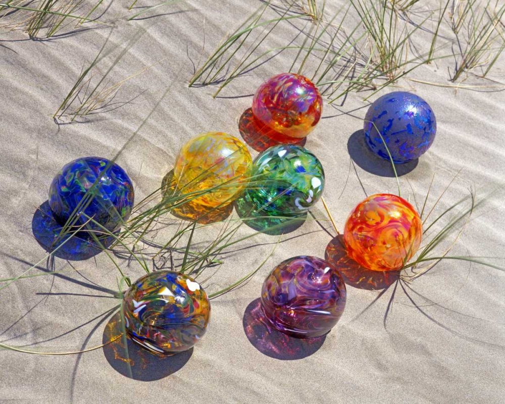 Wall Art Painting id:135636, Name: USA, Oregon Colorful glass floats on sand dune, Artist: Terrill, Steve