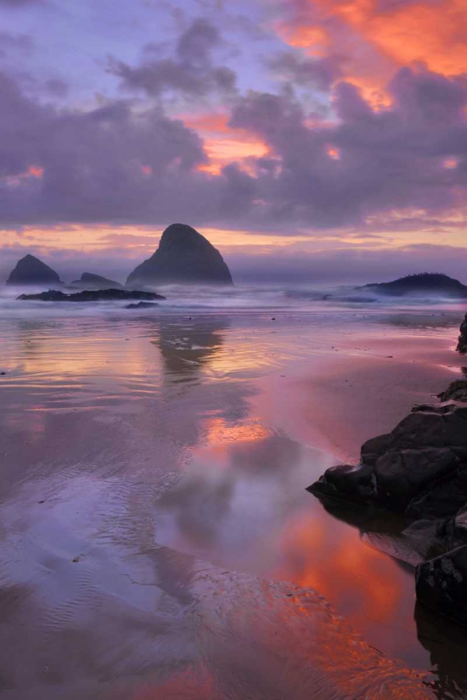 Wall Art Painting id:135743, Name: Oregon, Oceanside Sunset on beach and sea stacks, Artist: Terrill, Steve