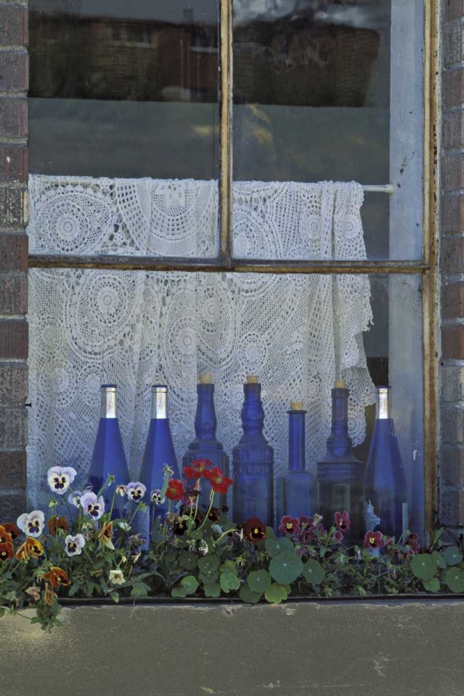 Wall Art Painting id:128216, Name: WA, Palouse Row of blue bottles and flowers, Artist: Grall, Don