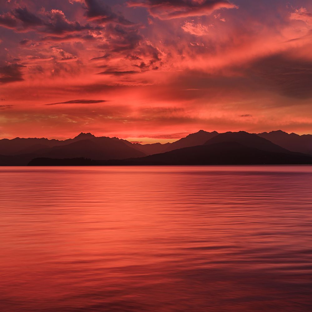 Wall Art Painting id:742437, Name: USA, Washington State, Seabeck. Vivid sunset over Hood Canal and Olympic Mountains., Artist: Jaynes Gallery