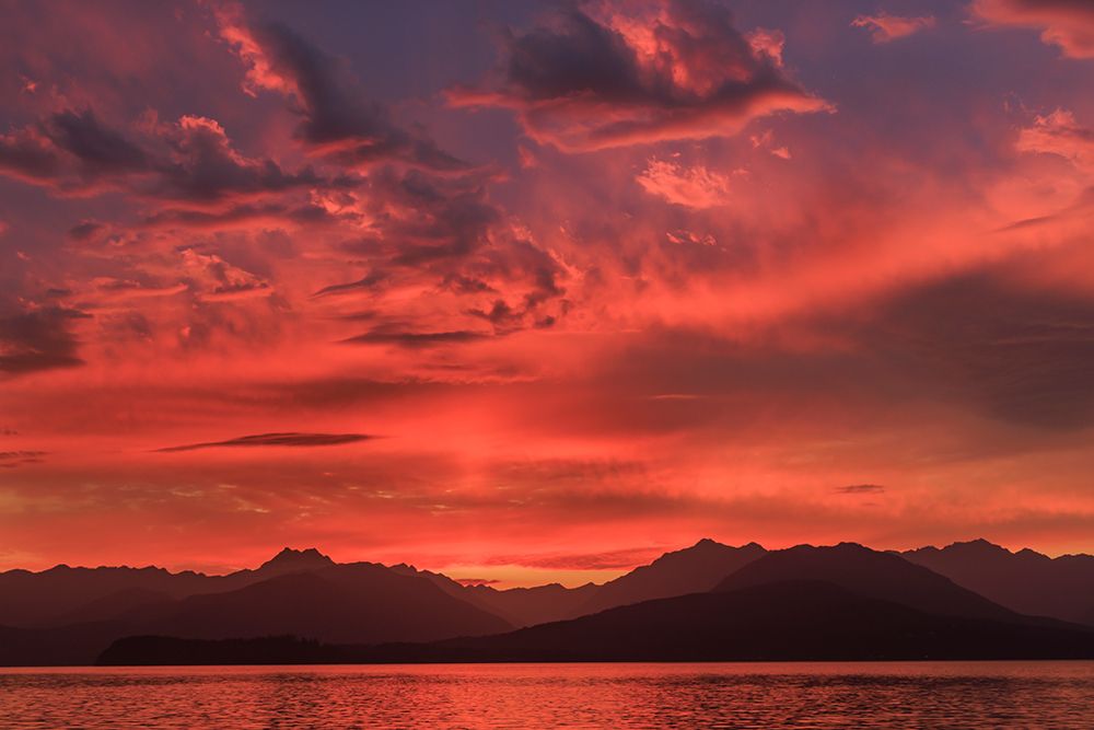 Wall Art Painting id:742438, Name: USA, Washington State, Seabeck. Vivid sunset over Hood Canal and Olympic Mountains., Artist: Jaynes Gallery