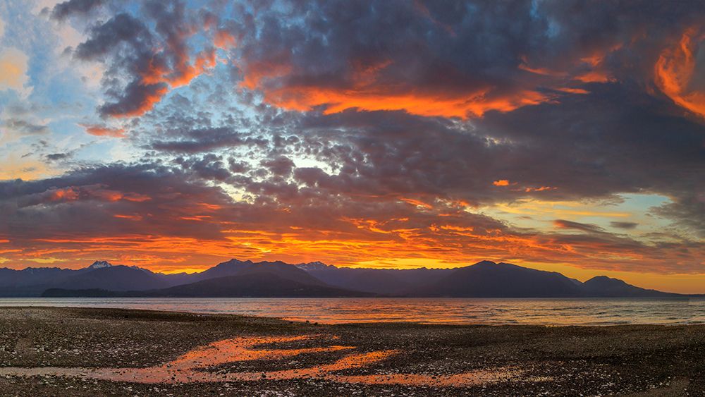 Wall Art Painting id:742455, Name: USA, Washington State, Seabeck. Vivid sunset panoramic over Hood Canal and Olympic Mountains., Artist: Jaynes Gallery
