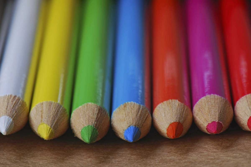 Wall Art Painting id:135696, Name: Row of multicolored colored pencils lay on table, Artist: Terrill, Steve