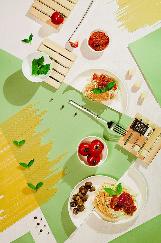 Wall Art Painting id:464451, Name: Suprematic Meal: Pasta With Tomato Sauce And Mushrooms, Artist: Belenko, Dina