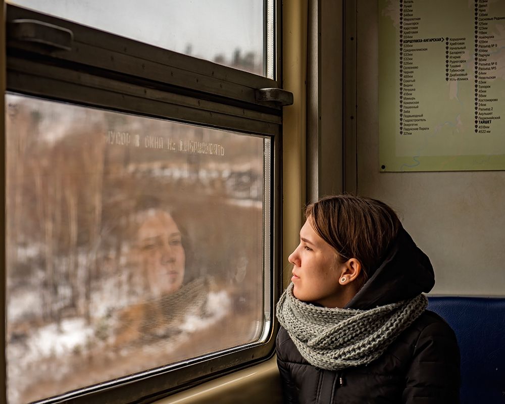 Wall Art Painting id:509972, Name: Lady In A Train, Artist: Golani, Aharon