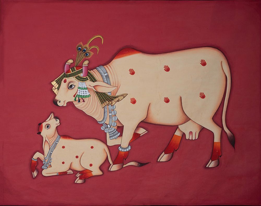 Wall Art Painting id:593393, Name: KAMDHENU COW AND CALF PAINTING, Artist: Imagineers Studio