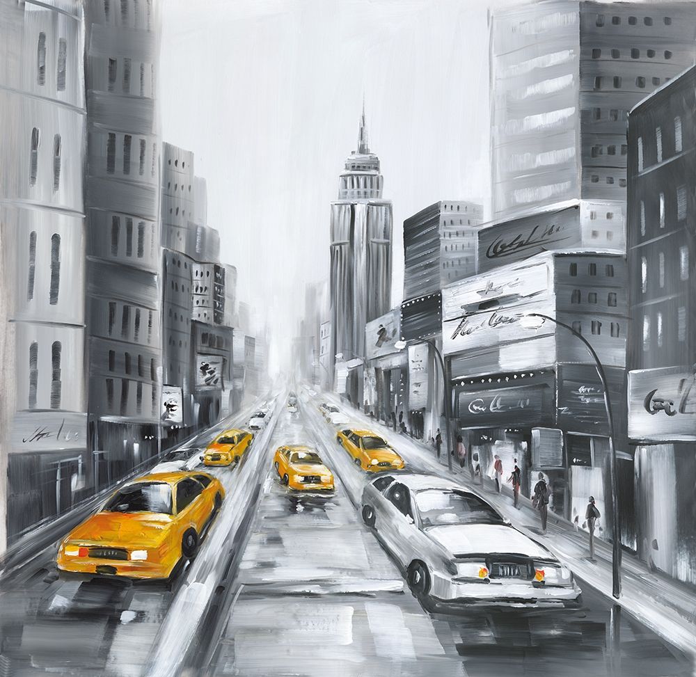 Wall Art Painting id:275944, Name: GRAYSCALE STREET WITH YELLOW CARS, Artist: Atelier B Art Studio