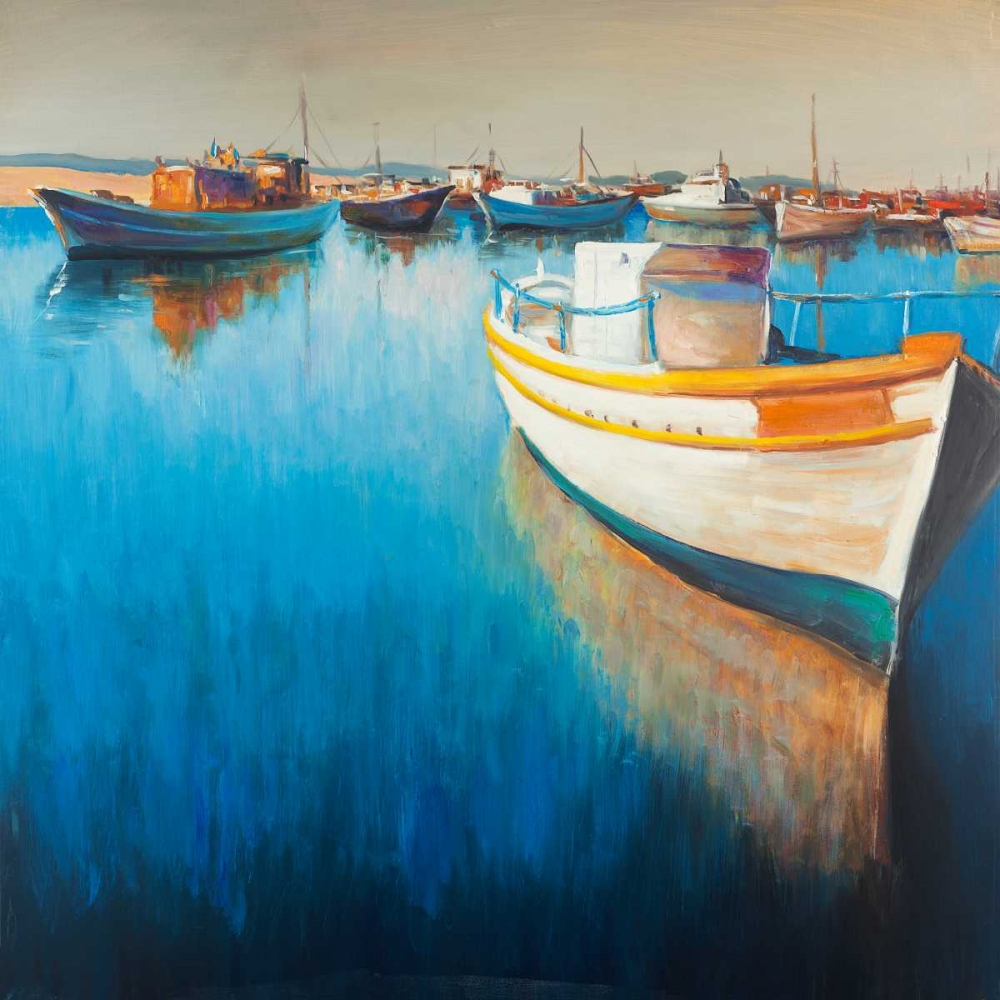 Wall Art Painting id:150931, Name: Fishing Boat at the Marina, Artist: Atelier B Art Studio