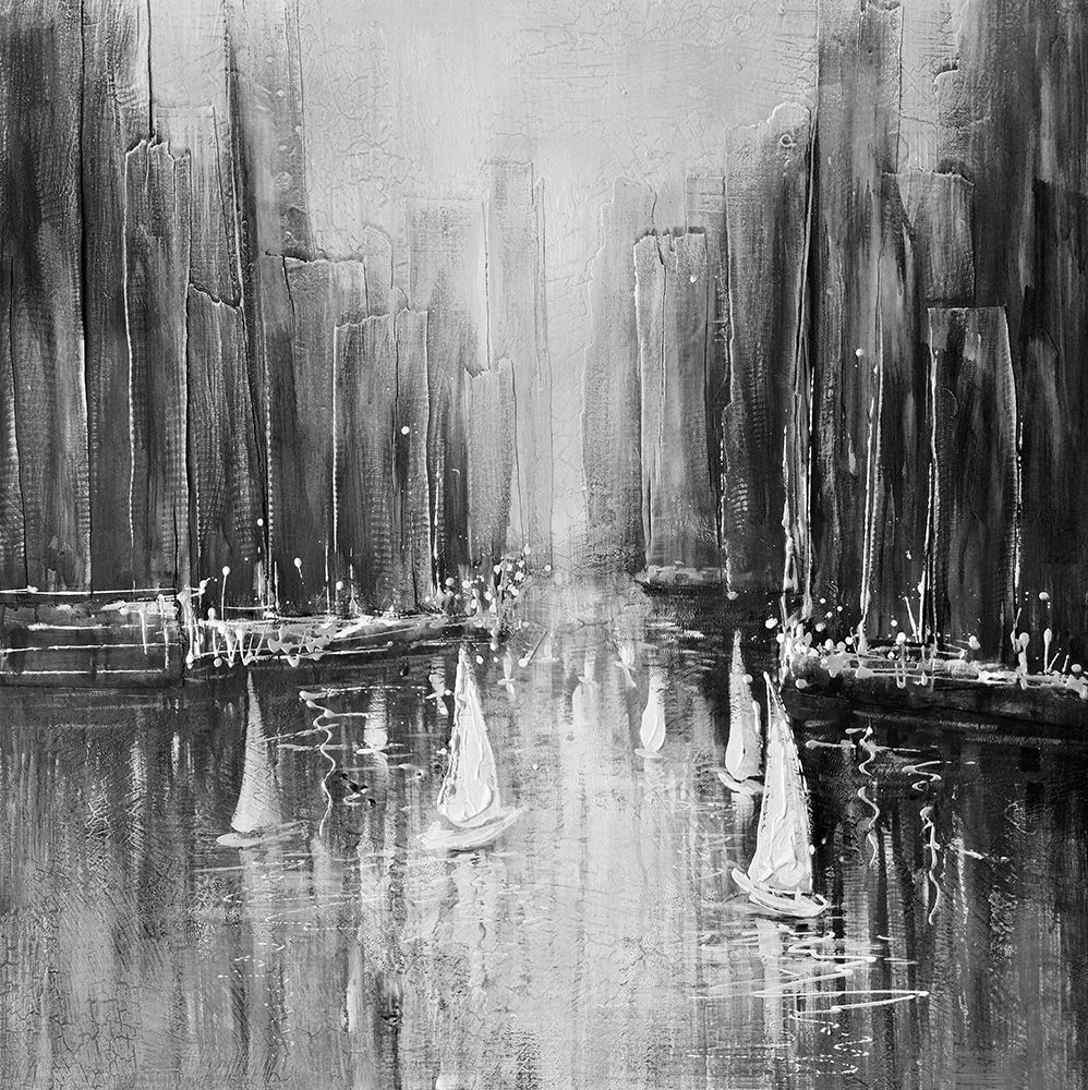 Wall Art Painting id:307295, Name: Grayscale boats on the water, Artist: Atelier B Art Studio