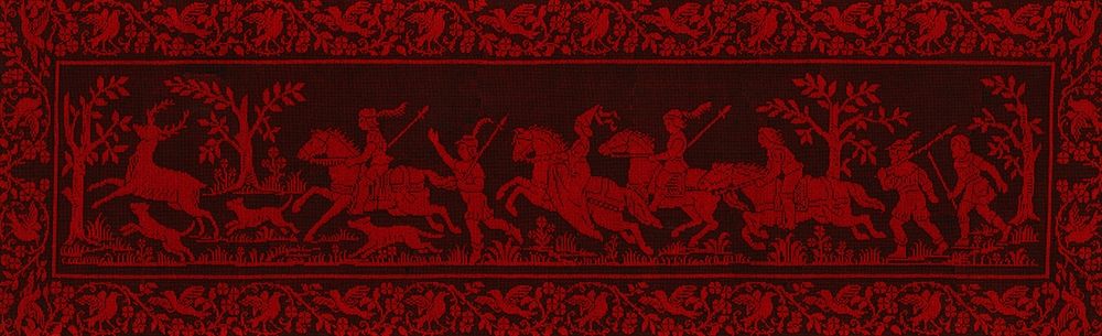 Wall Art Painting id:198179, Name: Hunting scene on Sardinian Traditional Tapestry in Black and Red, Artist: anonymous