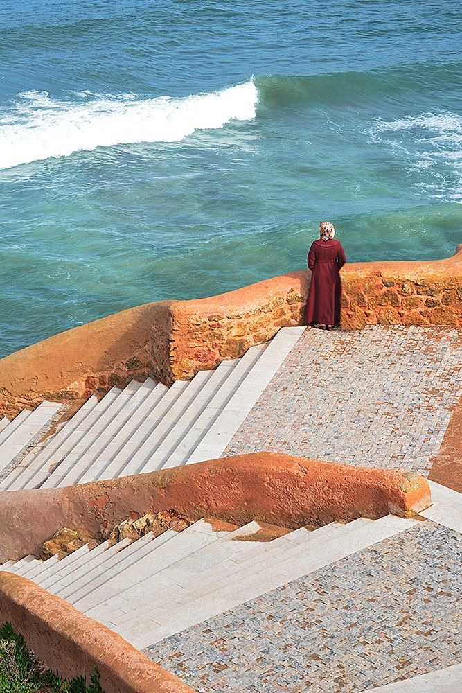 Wall Art Painting id:218635, Name: Woman, Stairs, and Sea, Artist: anonymous