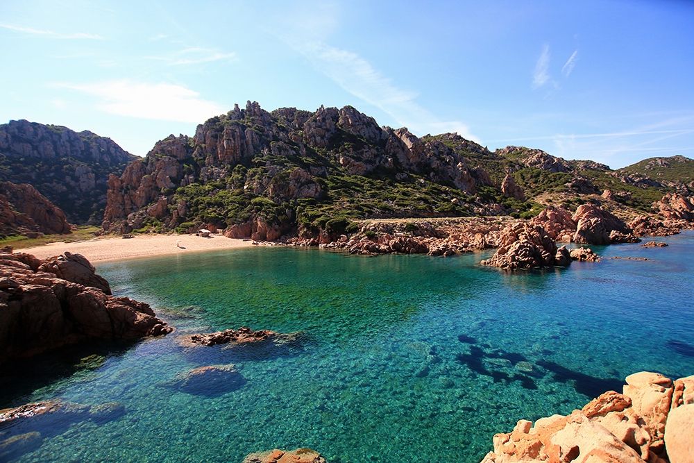 Wall Art Painting id:195425, Name: Crystalline Sea surrodunded by rocky hills Sardinia, Artist: Giovanni, Saiu