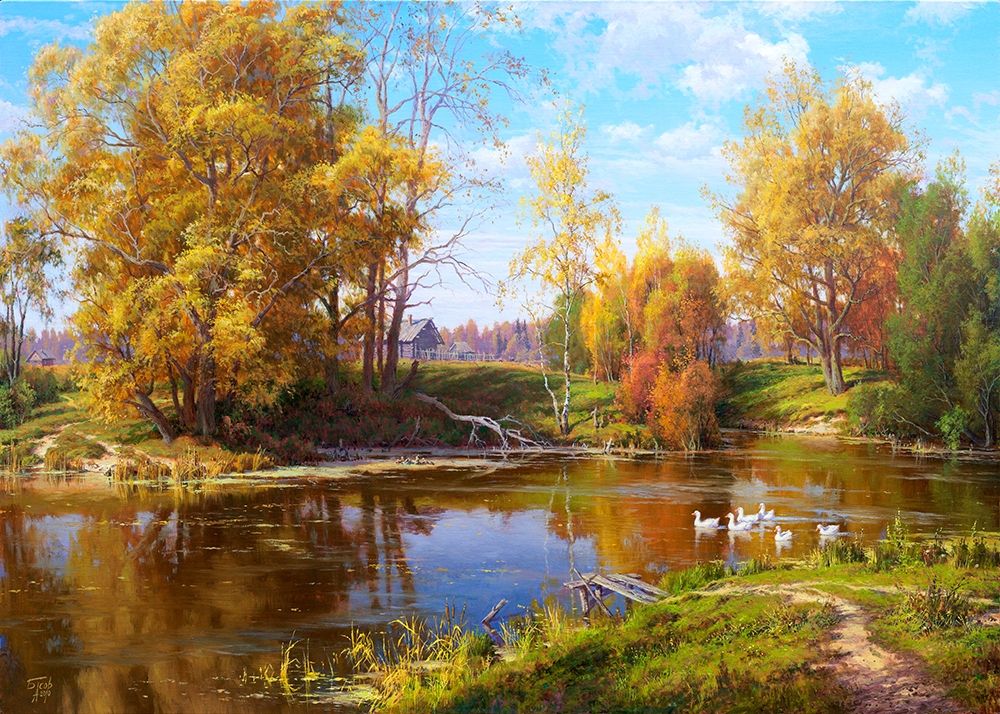 Wall Art Painting id:255699, Name: Village pond - autumn, Artist: Basov, Sergej