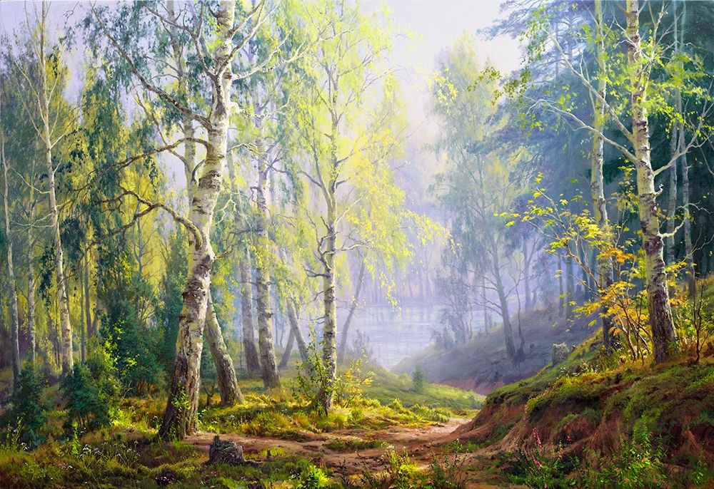 Wall Art Painting id:255702, Name: Morning at the birch forest, Artist: Basov, Sergej