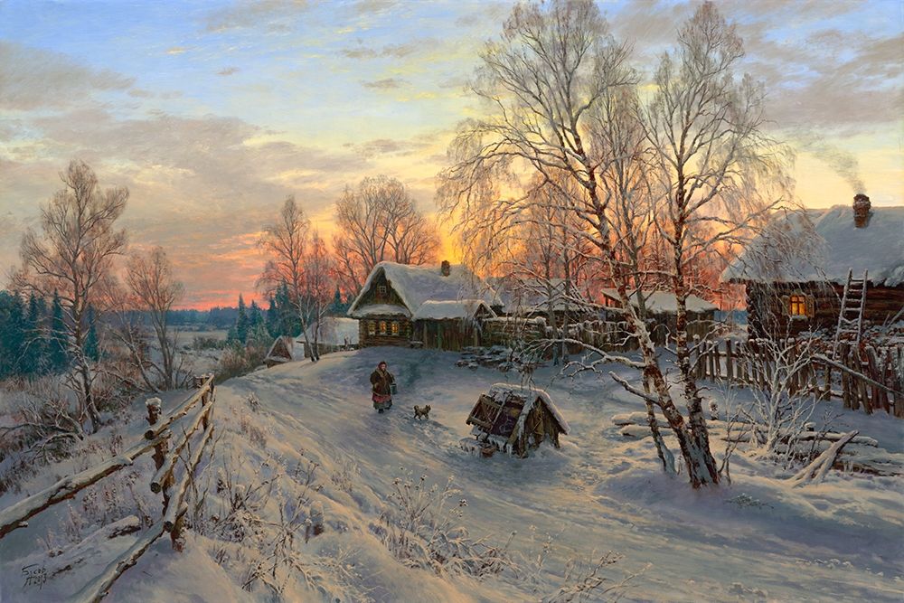 Wall Art Painting id:255711, Name: Winter evening in the village, Artist: Basov, Sergej