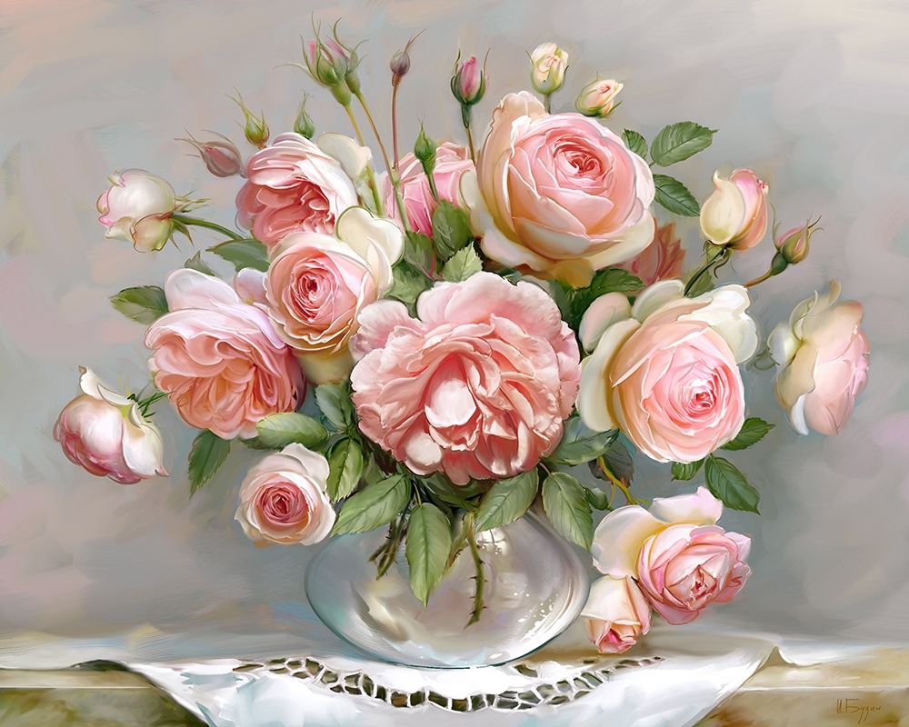 Wall Art Painting id:255848, Name: Roses in a glass vase, Artist: Buzin, Igor