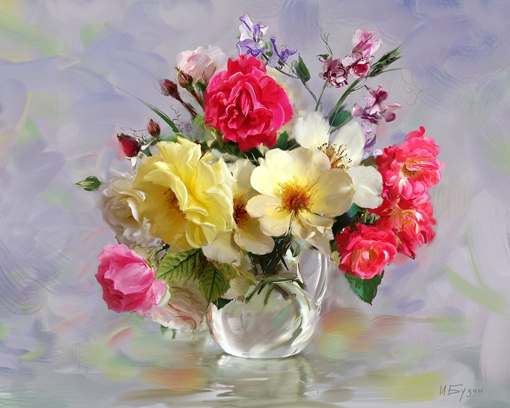 Wall Art Painting id:255852, Name: Roses in a jug, Artist: Buzin, Igor