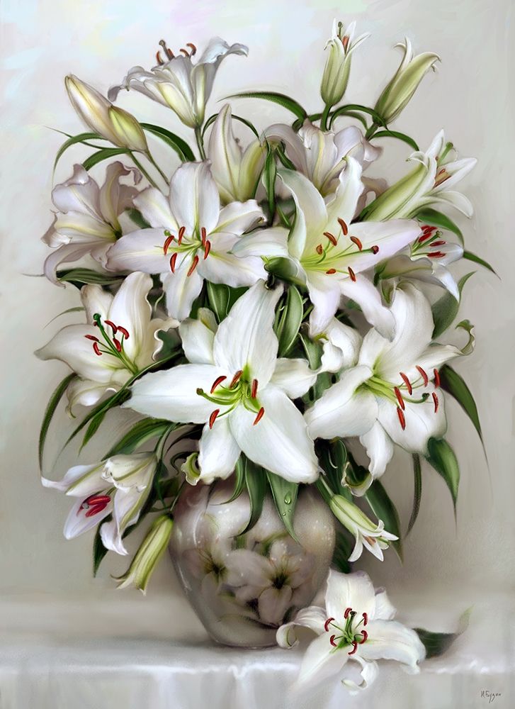 Wall Art Painting id:255855, Name: Bouquet of white lilies, Artist: Buzin, Igor