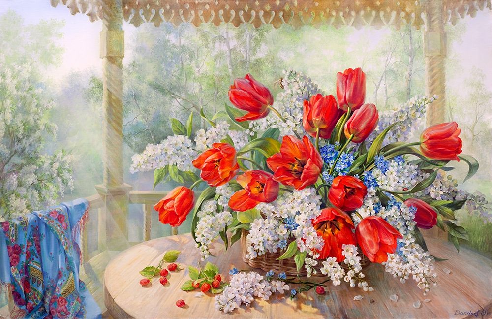 Wall Art Painting id:255883, Name: Tulips and bird-cherry, Artist: Dandorf, Olga