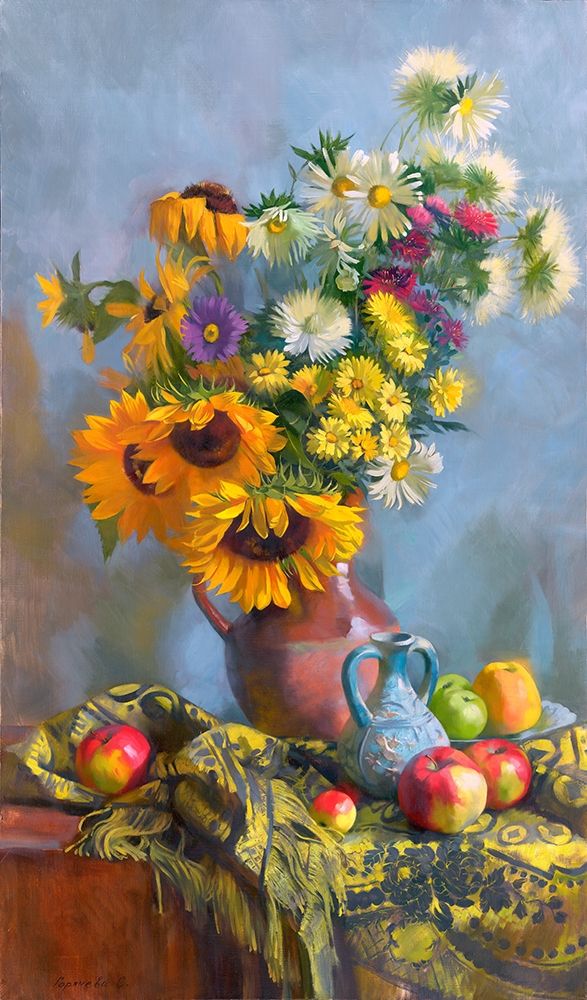 Wall Art Painting id:260958, Name: Sunflowers on a blue background, Artist: Goryacheva, Svetlana