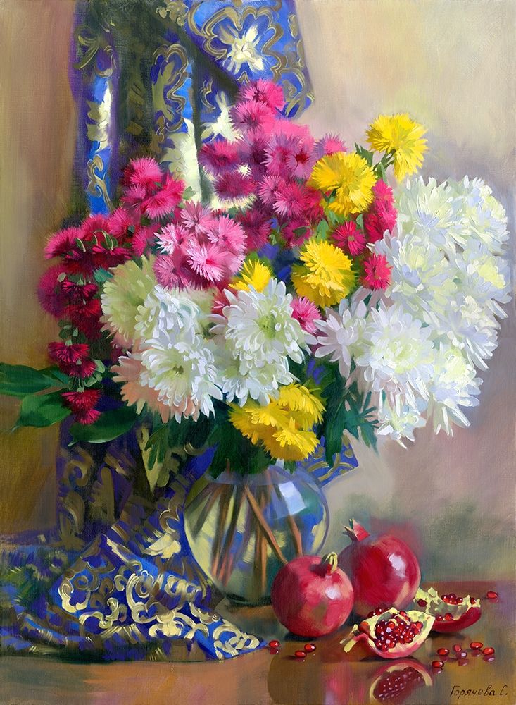 Wall Art Painting id:260961, Name: Chrysanthemums and pomegranates, Artist: Goryacheva, Svetlana