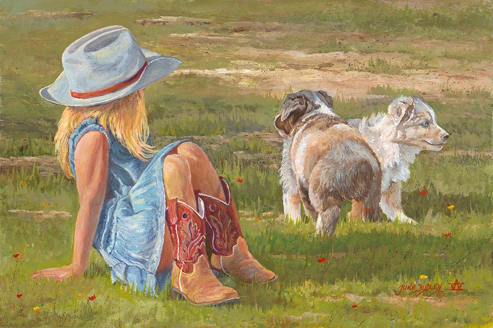 Wall Art Painting id:263967, Name: Red Boots and Puppies, Artist: Dudley, June