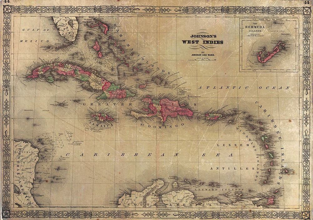 Wall Art Painting id:285780, Name: 1864 Johnson Map of the West Indies, Artist: Johnson