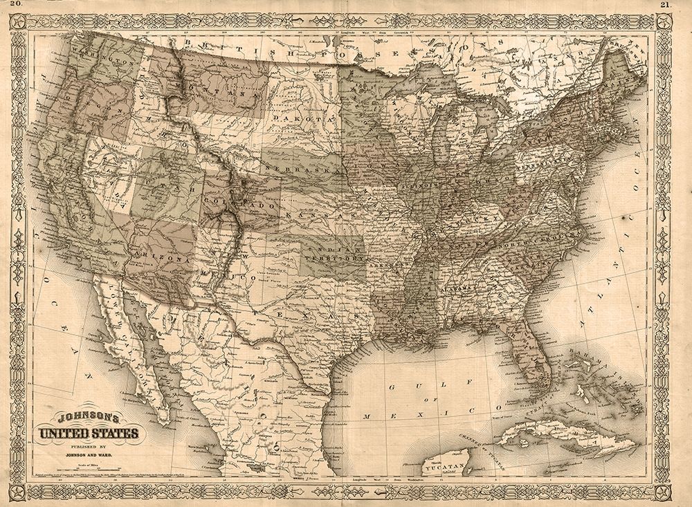 Wall Art Painting id:285784, Name: 1866 Johnson Map of the United States Antiqued, Artist: Johnson