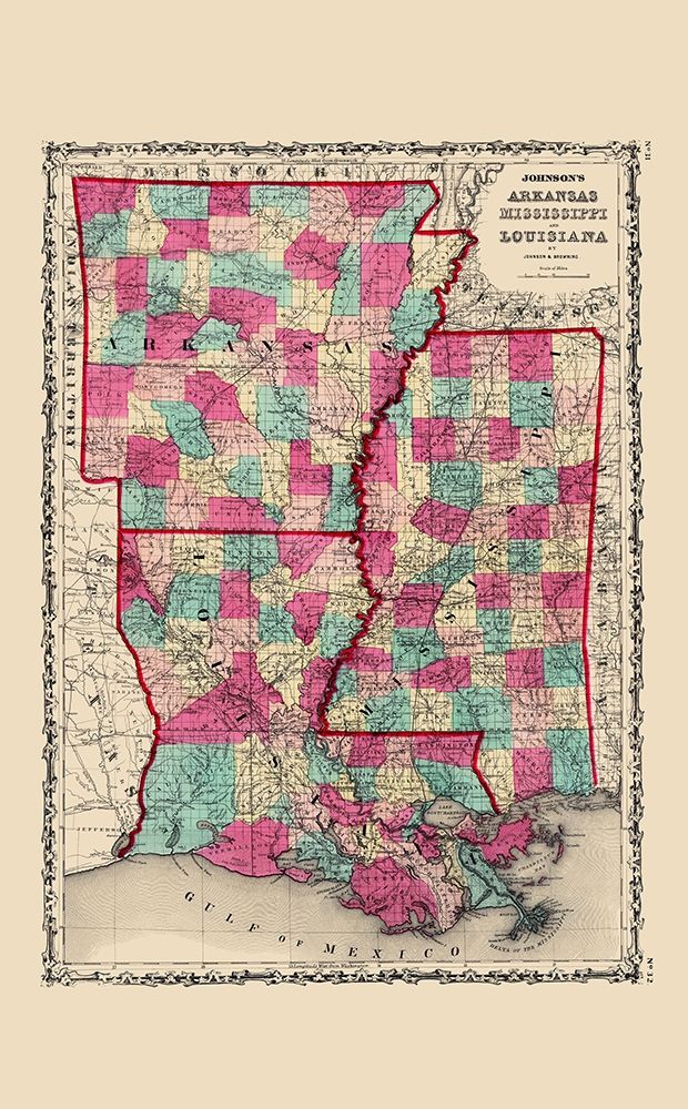 Wall Art Painting id:286853, Name: Arkansas, Mississippi, Louisiana - Johnson 1860, Artist: Johnson