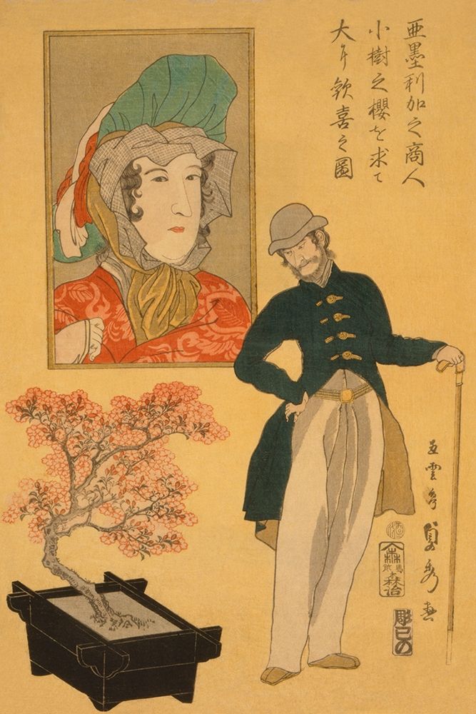 Wall Art Painting id:346864, Name: American merchant delighted with miniature cherry tree (Amerika no shonin shoju no sakura o motomete, Artist: Utagawa, Sadahide