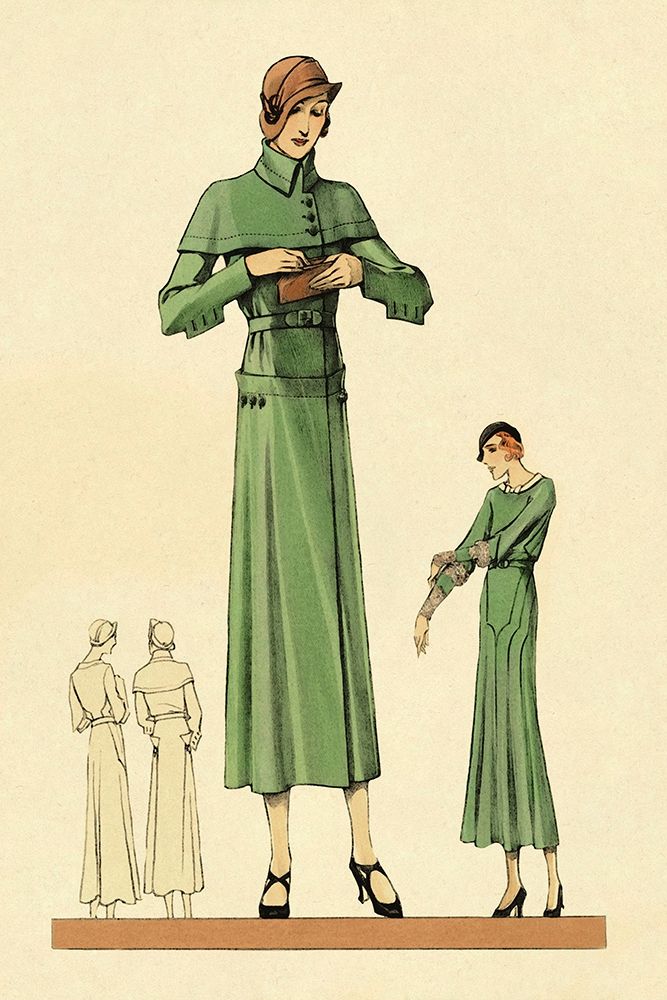 Wall Art Painting id:347608, Name: Emerald Dress and Overcoat, Artist: Vintage Fashion